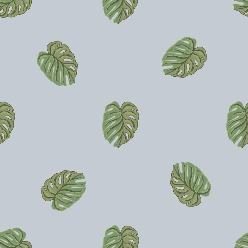 Seamless pattern with doodle monstera ornament print. Blue background. Green ornamental botany print. vector