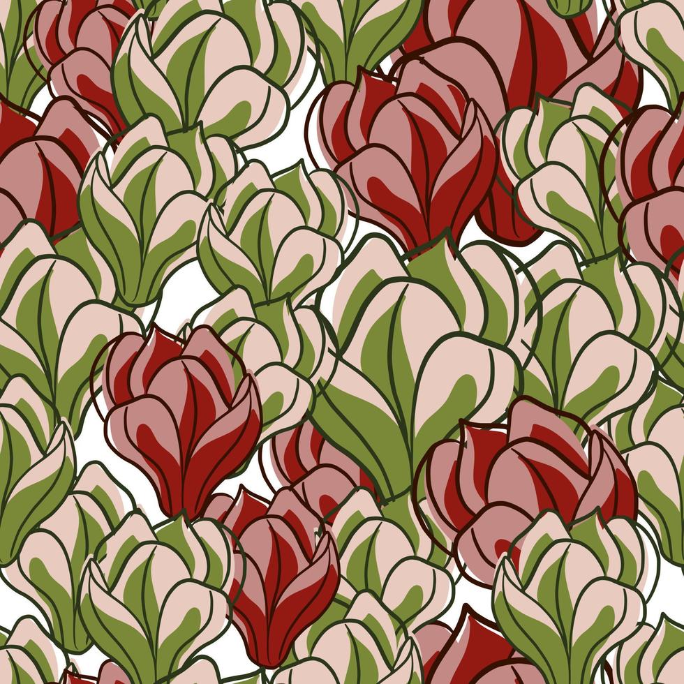 Summer style seamless pattern with green and red colored random magnolia flowers shapes. Isolated print. vector