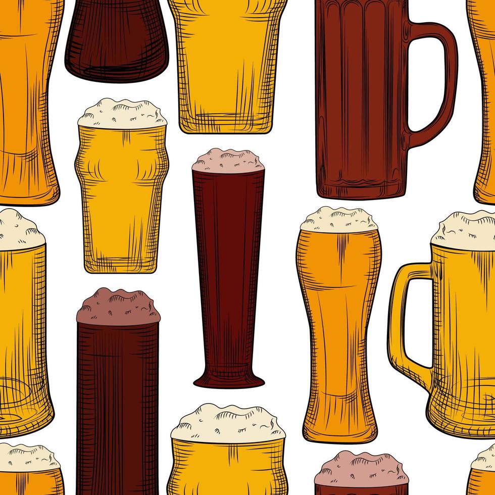 Beer mug seamless pattern. Full beer glasses with foam backdrop. vector