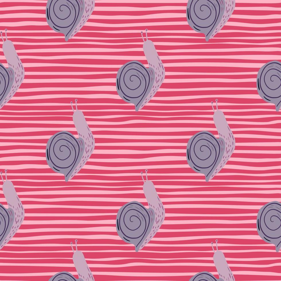 Light purple colored snails ornament seamless pattern. Stylized wildlife print with bright pink stripped background. vector