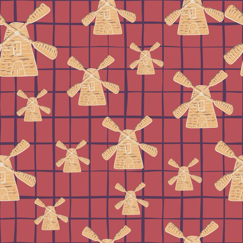Random seamless pattern in building theme with windmill ornament. Chequered pale red background. vector