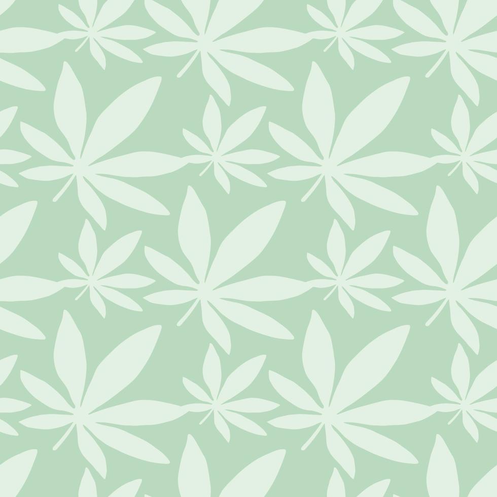 Pastel light cannabis seamless pattern. Light leaves on blue background. Hemp print. vector