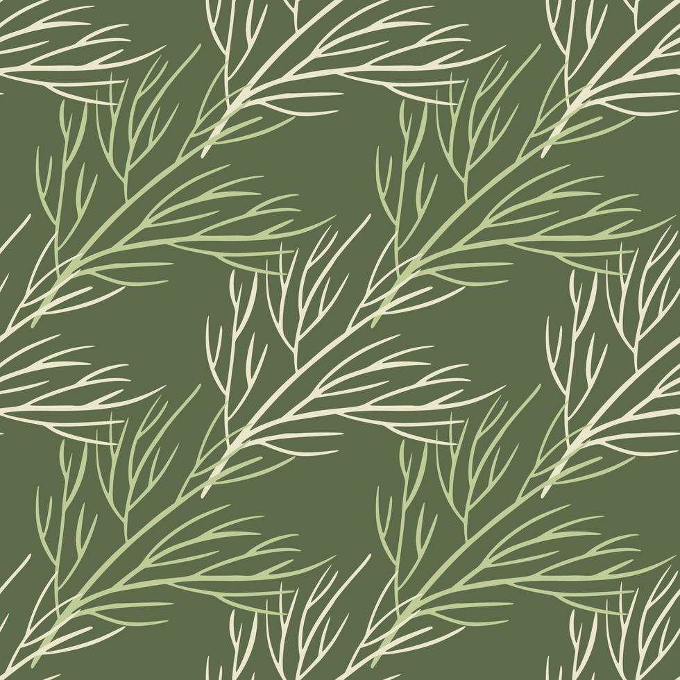 Botanic seamless doodle pattern with light tree branches silhouettes print. Pale green olive background. vector