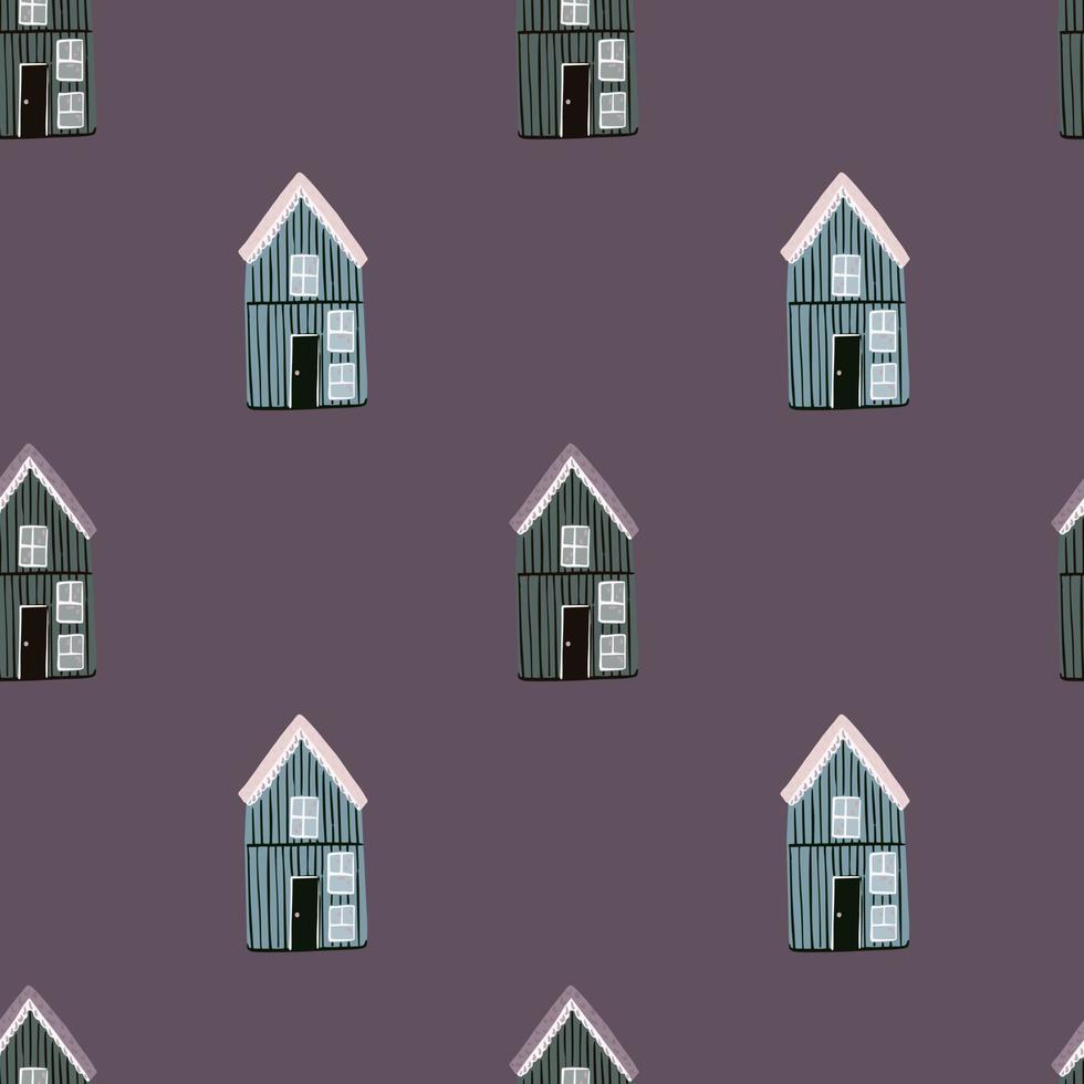 Minimalistic style seamless pattern with simple wood house ornament. Purple pale background. vector