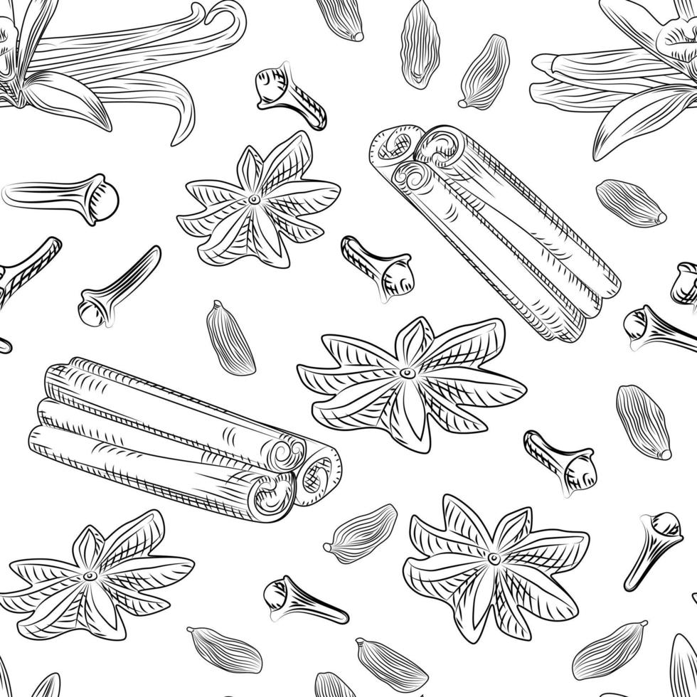 Hand drawn mulled wine spices seamless pattern. vector