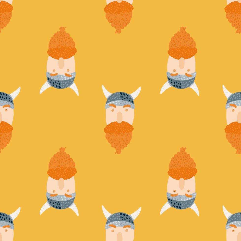 patrón de garabato sin costuras con adorno de carácter vikingo. caras estilizadas del hombre del bosque sobre fondo naranja. vector