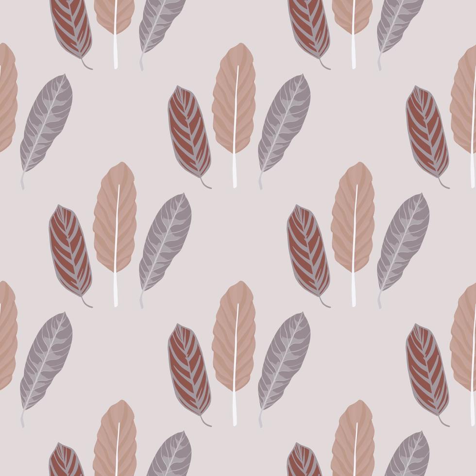 Pale seamless minimalistic pattern with leaves ornament. Light beige, brown and purple elements on pastel tone background. vector