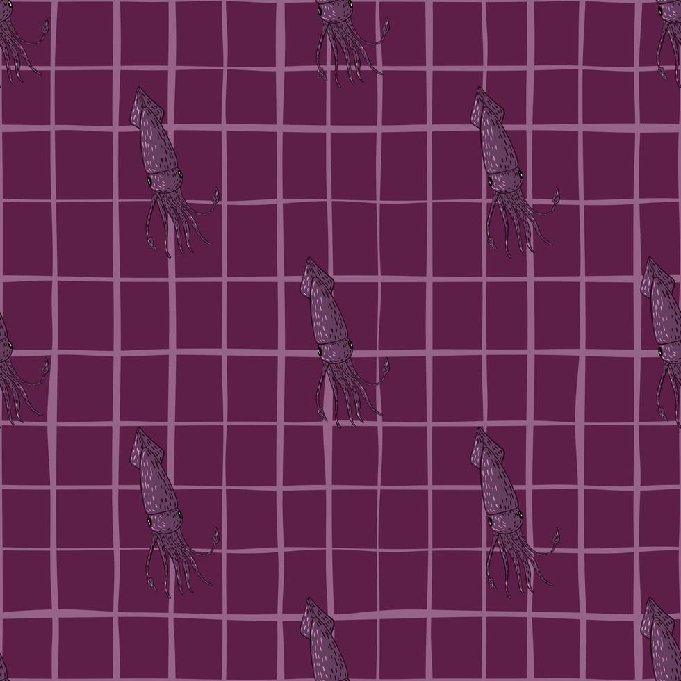 Dark seamless pattern with simple squids ornament. Marine print with purple chequered background. vector