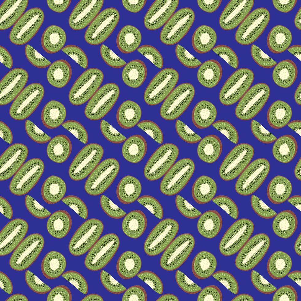 Abstract food summer seamless pattern with little kiwi slices silhouettes. Navy blue background. Doodle shapes. vector