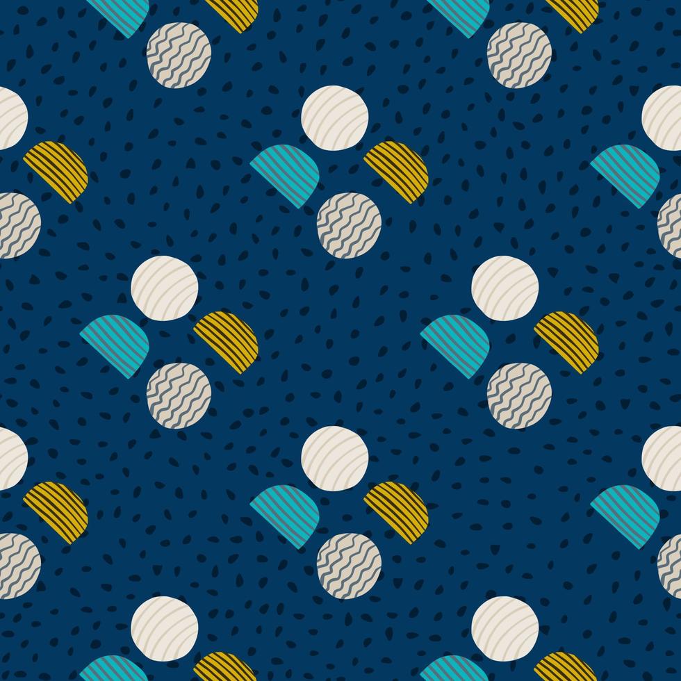 Simple abstract circle forms seamless pattern. Doodle ornament with navy blue dotted background and multicolor elements. vector