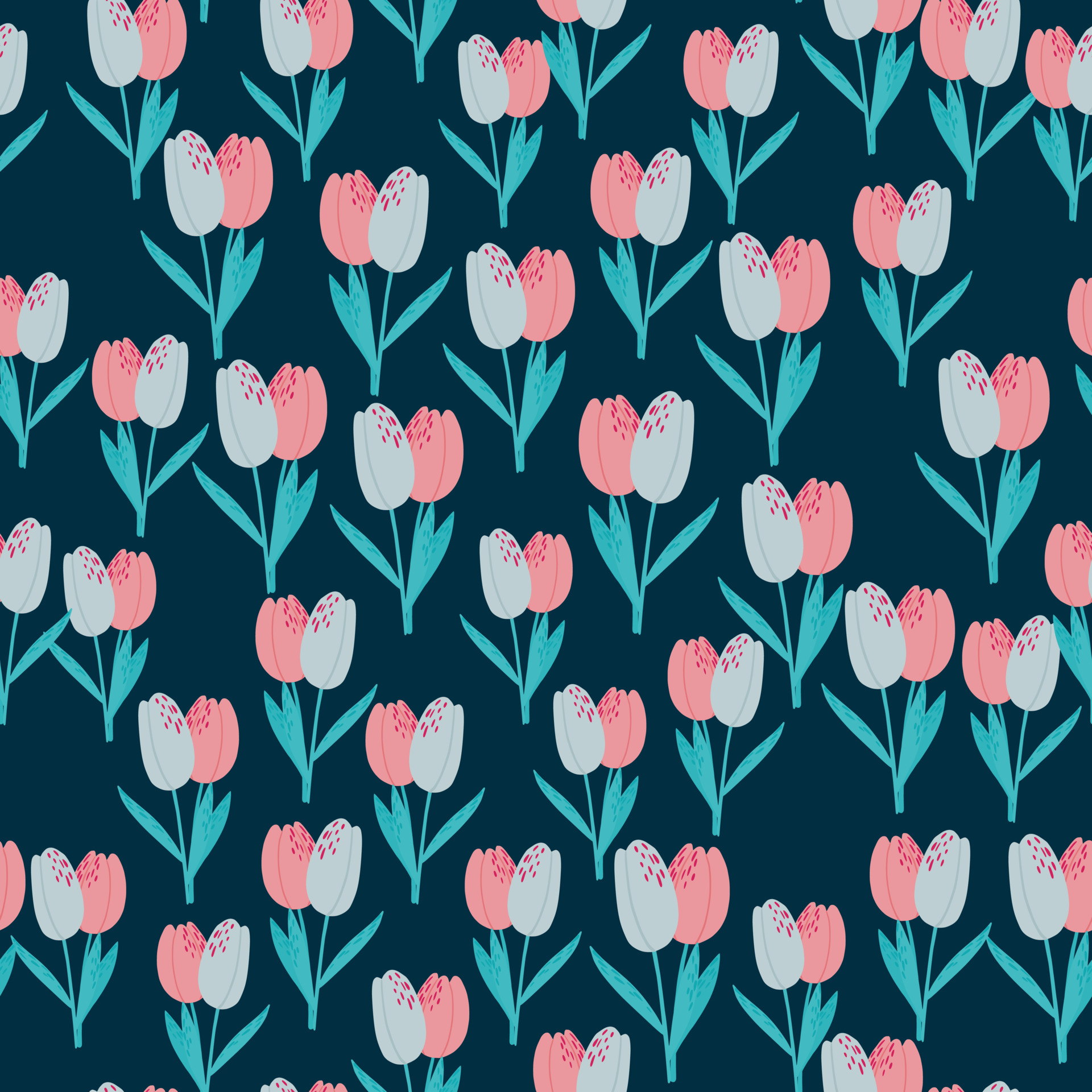 Little tulip silhouttes seamless pattern. Navy blue background with pink and blue flowers