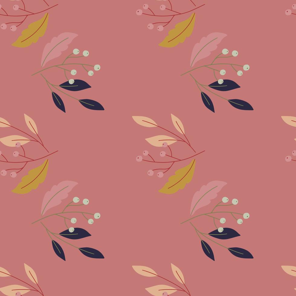 Nature seamless pattern in minimalistic style with doodle berry branch elements. Pink pale background. vector