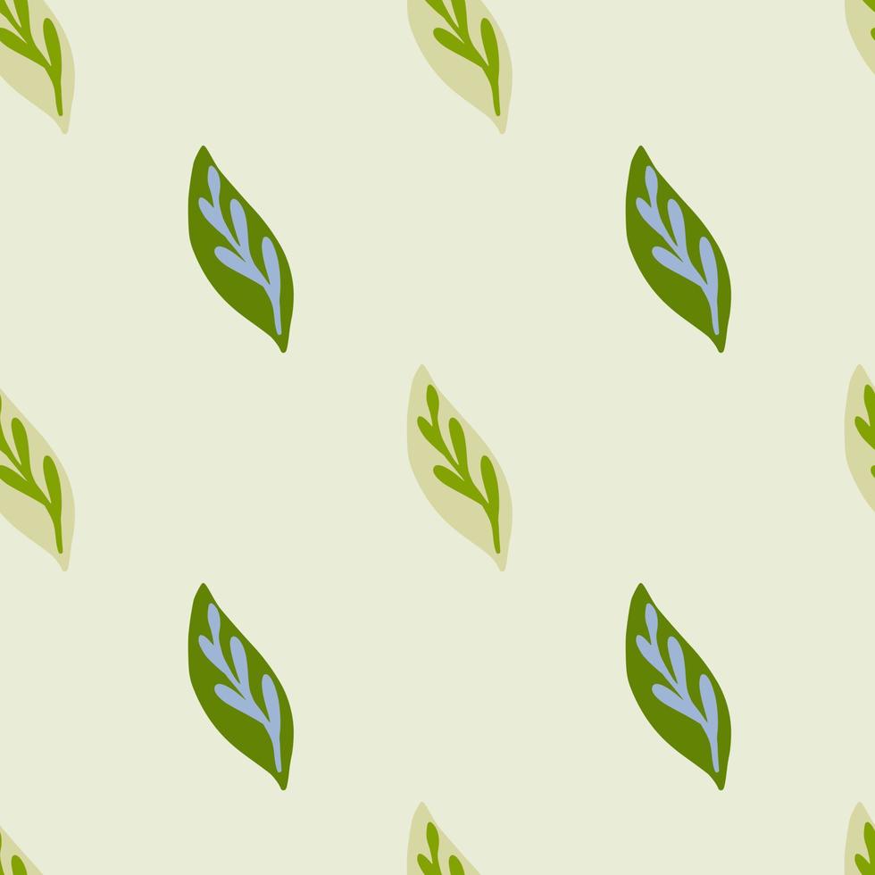 Minimalistic style seamless pattern with simple green leaves ornament. Grey background. Herbal elements. vector