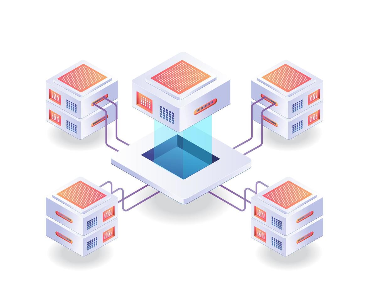 Server chip network isometric illustration vector