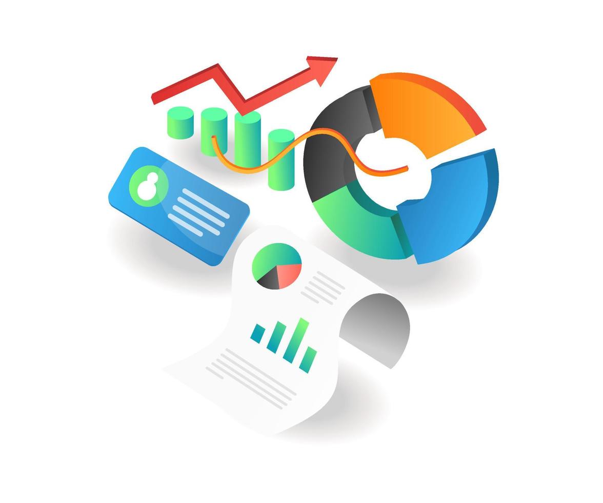 ilustración concepto isométrico. gráfico circular análisis de datos de barras inversión desarrollo empresarial vector