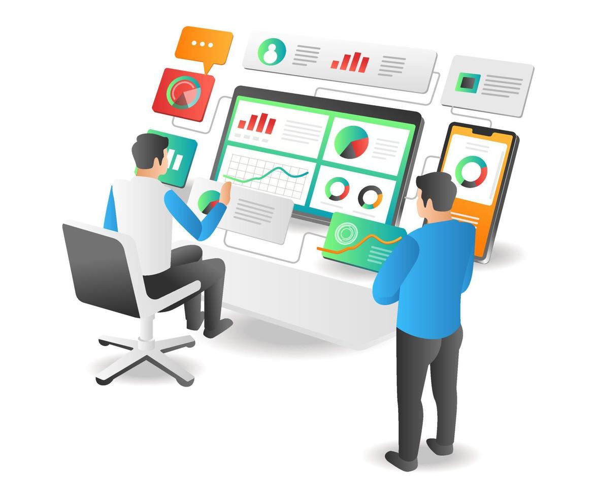 Isometric illustration concept. Team analysis data network vector