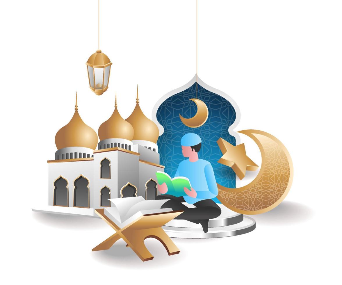 musulmán leyendo el corán el concepto de ramadan kareem ilustración vector