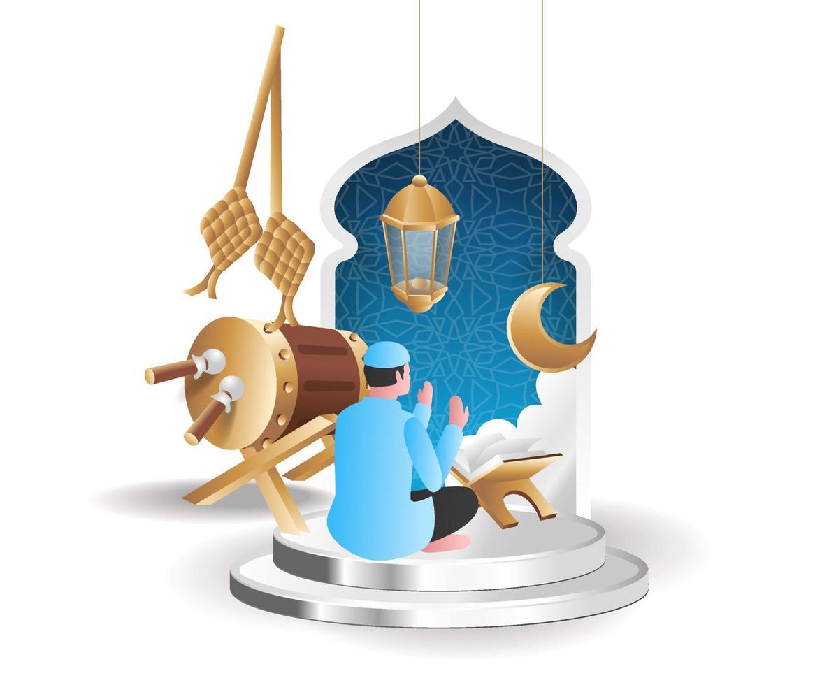 musulmán rezando con la ilustración del concepto de corán ramadan kareem vector