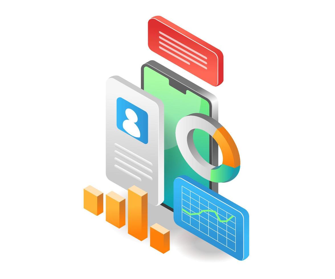 Isometric illustration concept. Smartphone business investment data analysis account vector