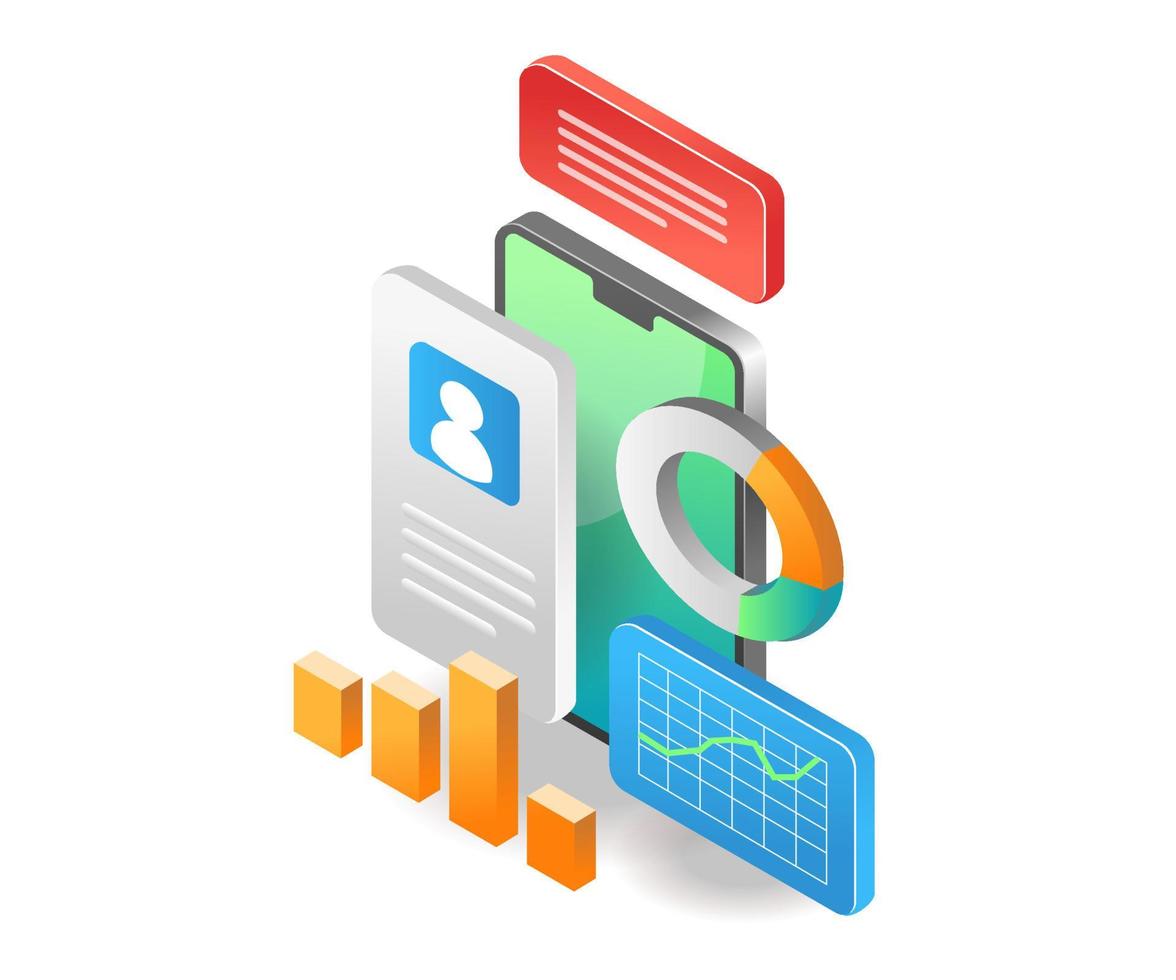 concepto de ilustración isométrica. cuenta de análisis de datos de inversión empresarial de teléfonos inteligentes vector