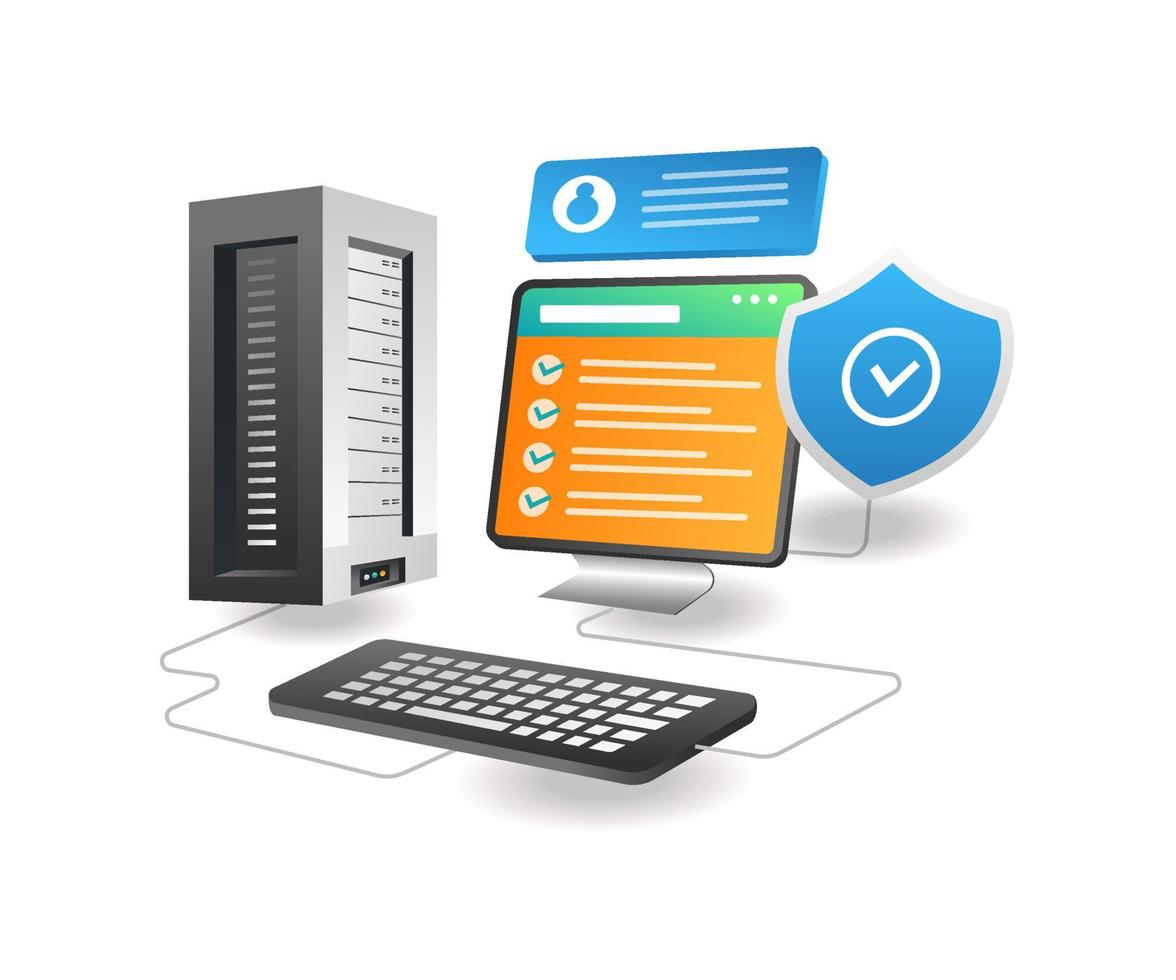 Isometric illustration concept. Server data maintenance analysis vector