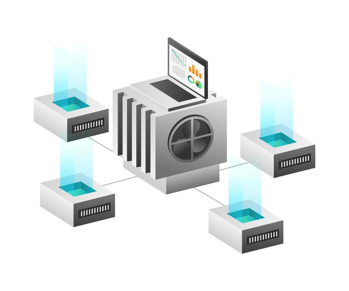 Isometric illustration concept. Server analysis data network vector