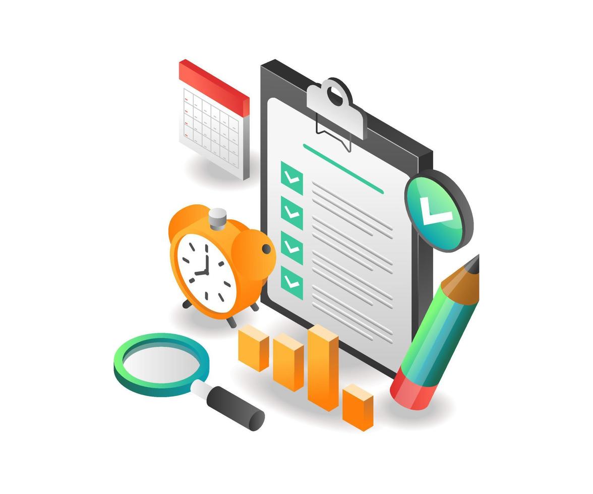Isometric illustration concept. Investment business analyst work plan vector