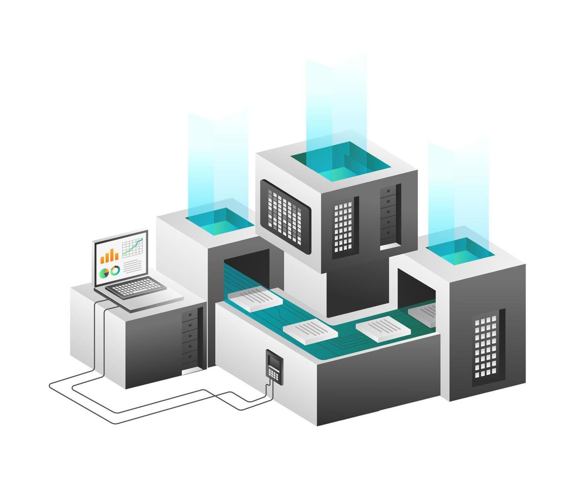 Isometric illustration concept. Server data analysis flow vector