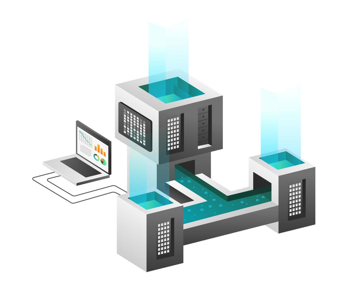 Isometric illustration concept. Network server data analysis flow vector