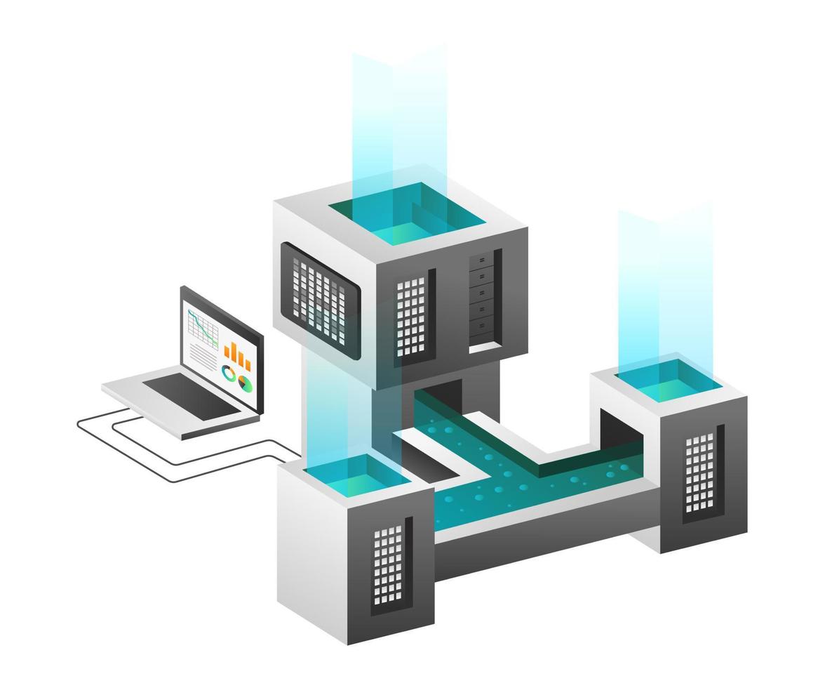 concepto de ilustración isométrica. flujo de análisis de datos del servidor de red vector