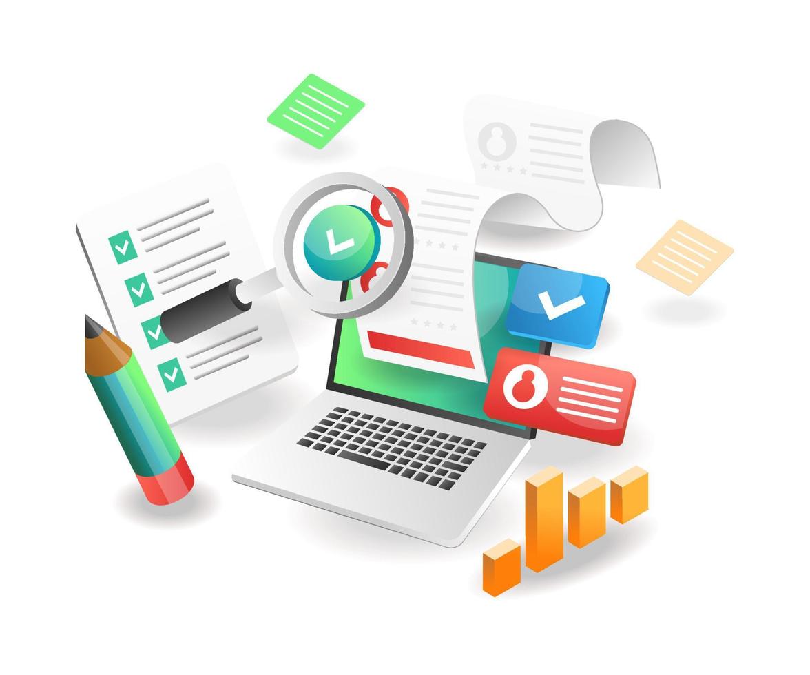 Isometric illustration concept. Creative paper data analysis on computer vector