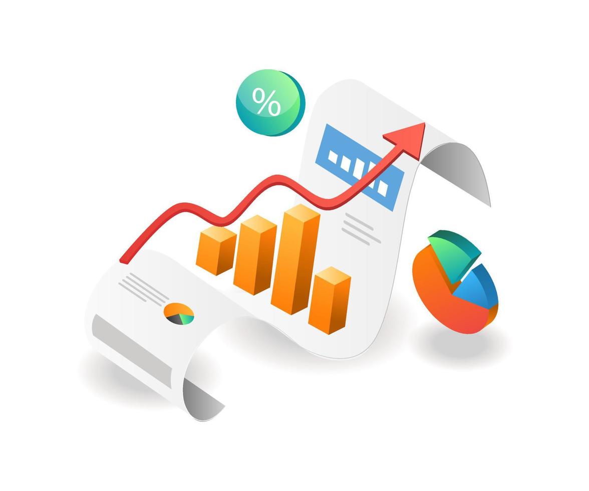 ilustración concepto isométrico. análisis de datos comerciales de inversión de barra de gráfico circular vector