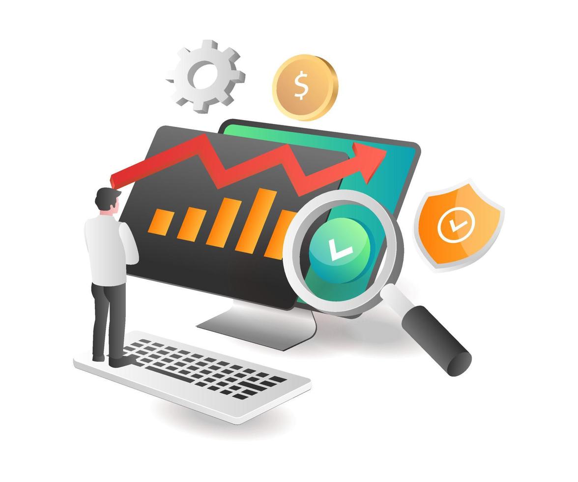 concepto de ilustración isométrica. hombre de análisis de datos de inversión empresarial vector