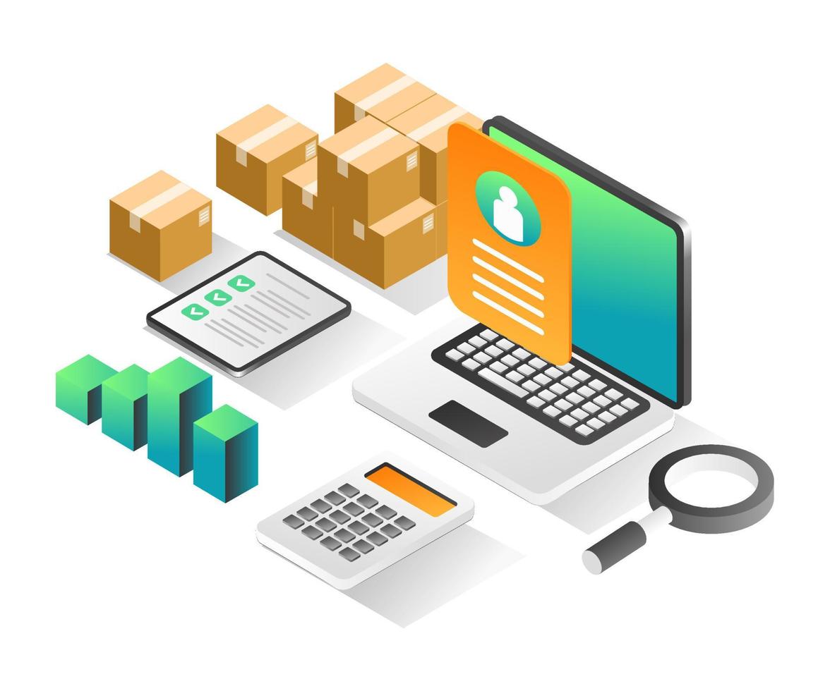 Isometric illustration concept. Computer data delivery of goods vector