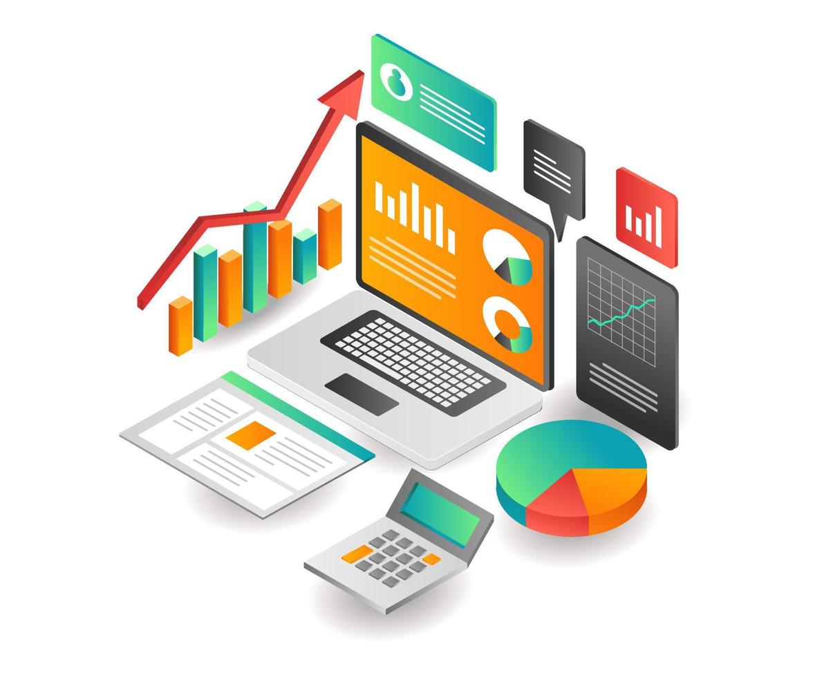 ilustración concepto isométrico. análisis de datos de la empresa de negocios de inversión vector