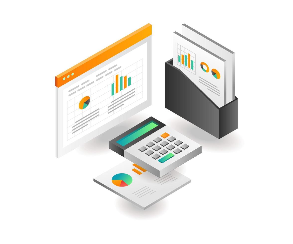 Illustration isometric concept. Data analysis company office vector