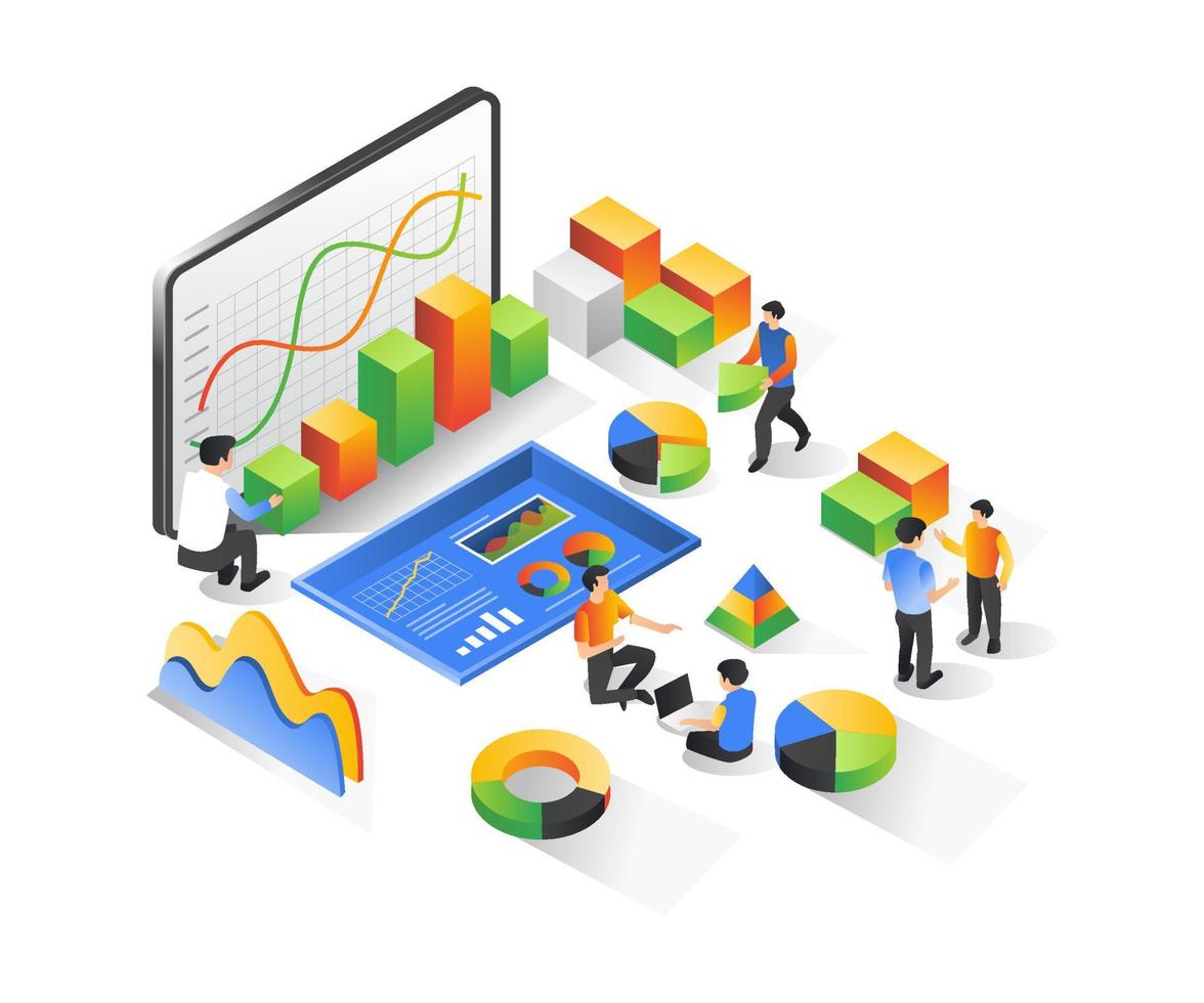 ilustración del concepto isométrico. educación de análisis de datos y negocios de inversión vector