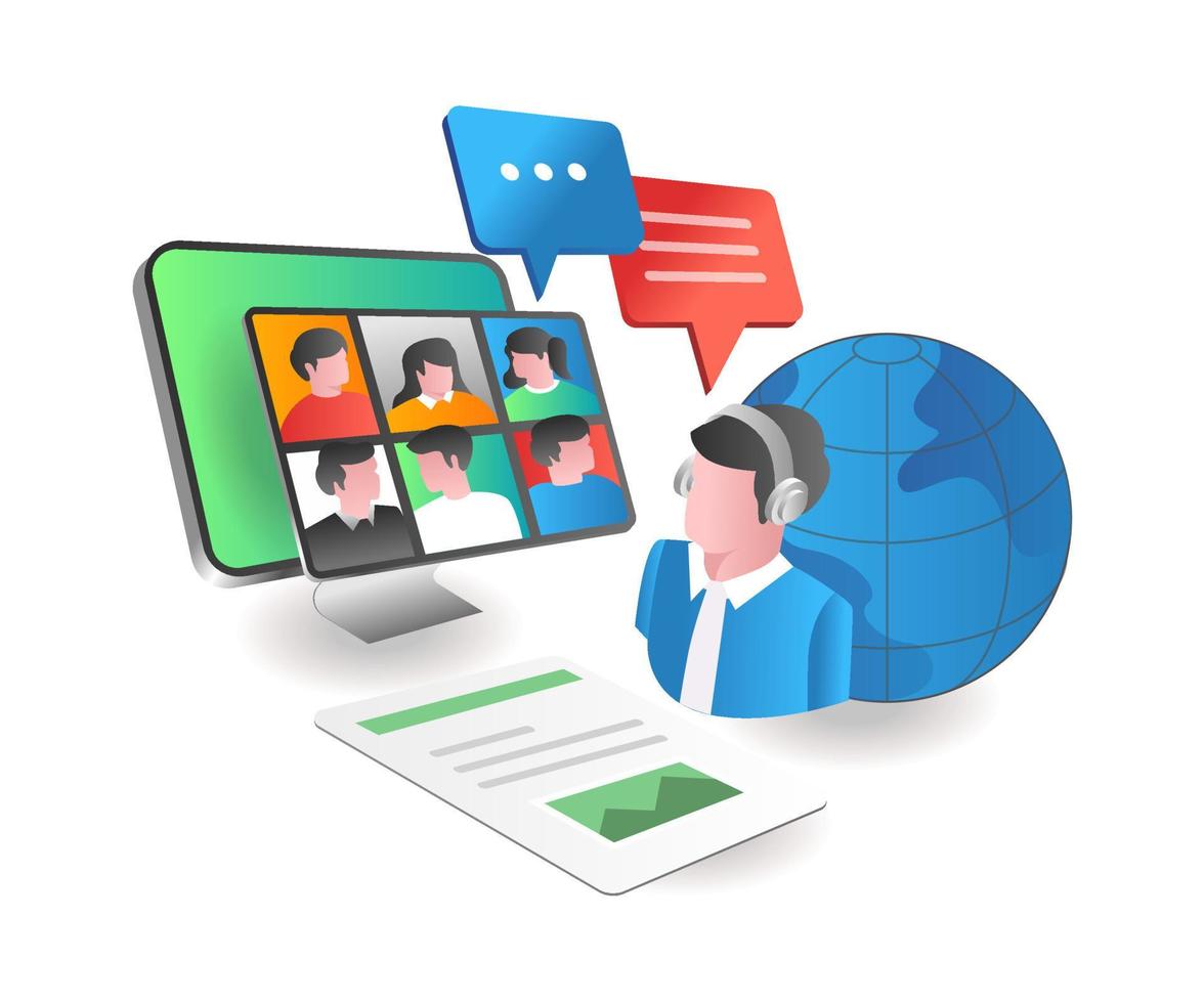 Illustration isometric concept. customer service video call with world clients vector