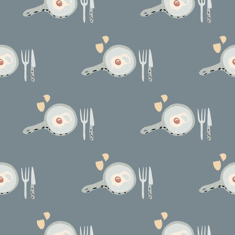 Seamless pattern with breakfast food ornament. Egg meal on pan wih knige and folk in pastel tones. Grey background. vector