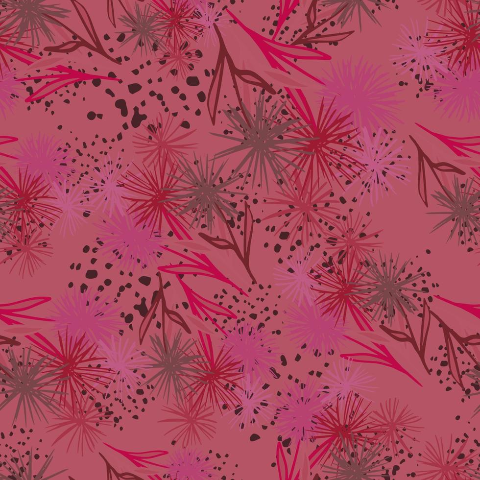 Abstract dandelion shapes seamless pattern. Random green and red dark flowers on maroon background with splashes. vector