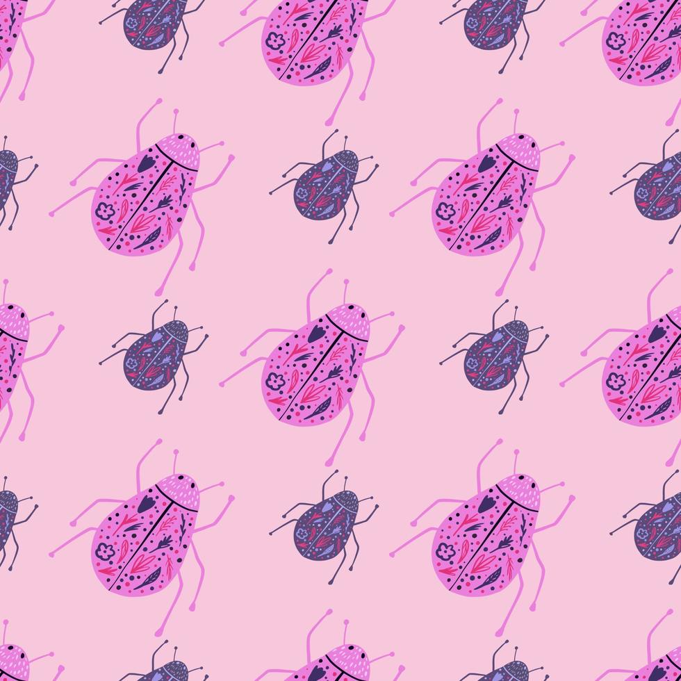 Pink and purple colored bugs seamless pattern. Doodle insects folk print on ligh pink background. Exotic backdrop. vector