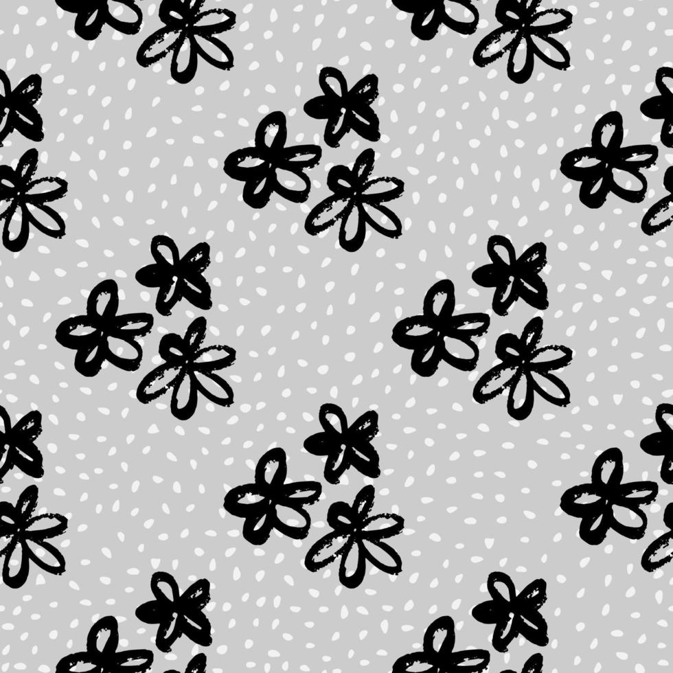 Doodle floral grunge daisy seamless pattern. Black contoured botanic elements on pale blue background with dots. vector