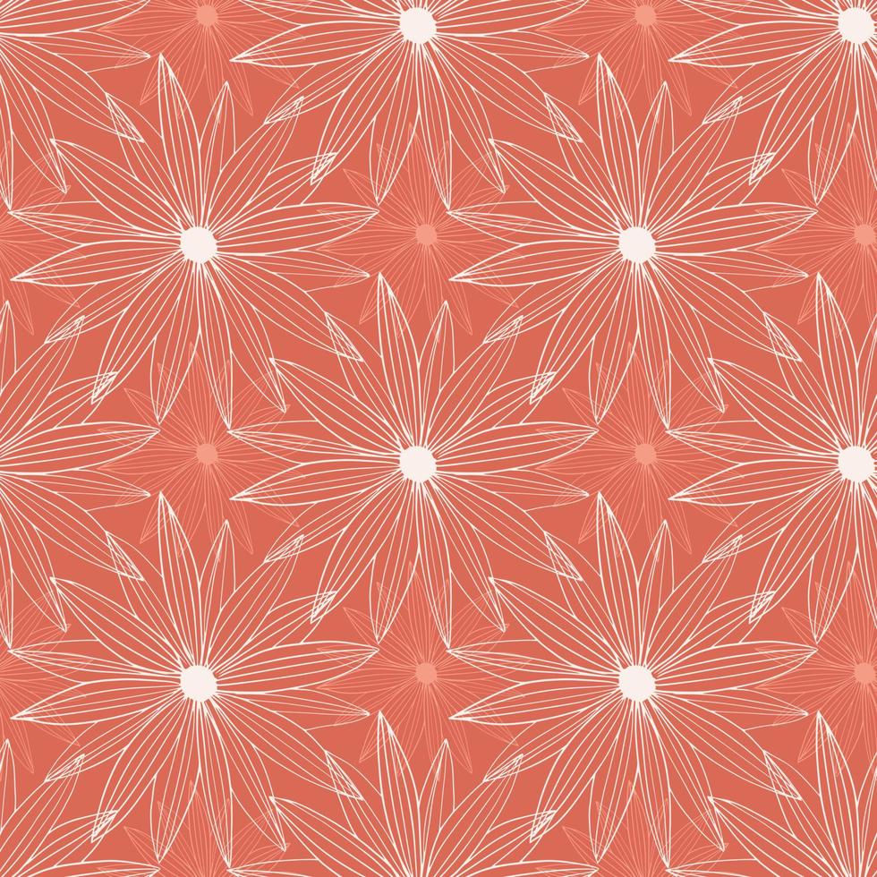 Abstract line art bud daisy seamless pattern on red background. Modern floral wallpaper. vector