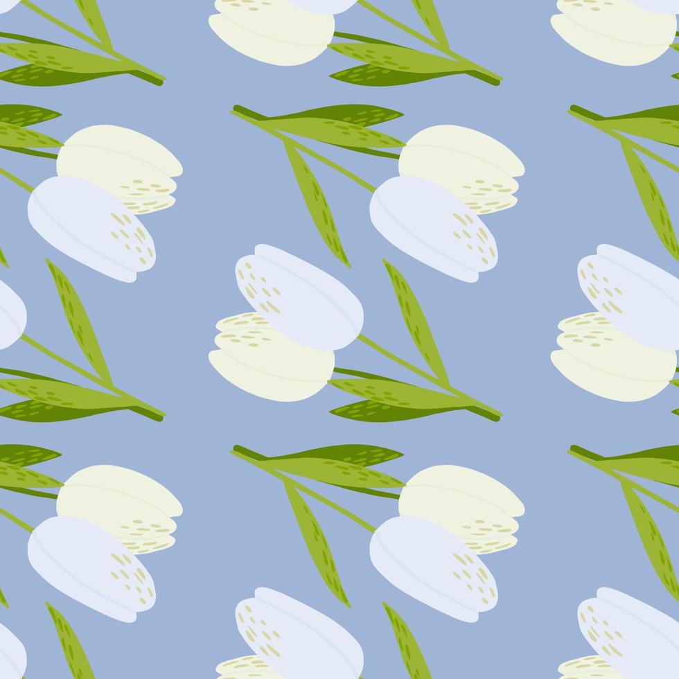 Hand drawn tulip flowers seamless pattern. Green stems and white buds on blue soft background. vector