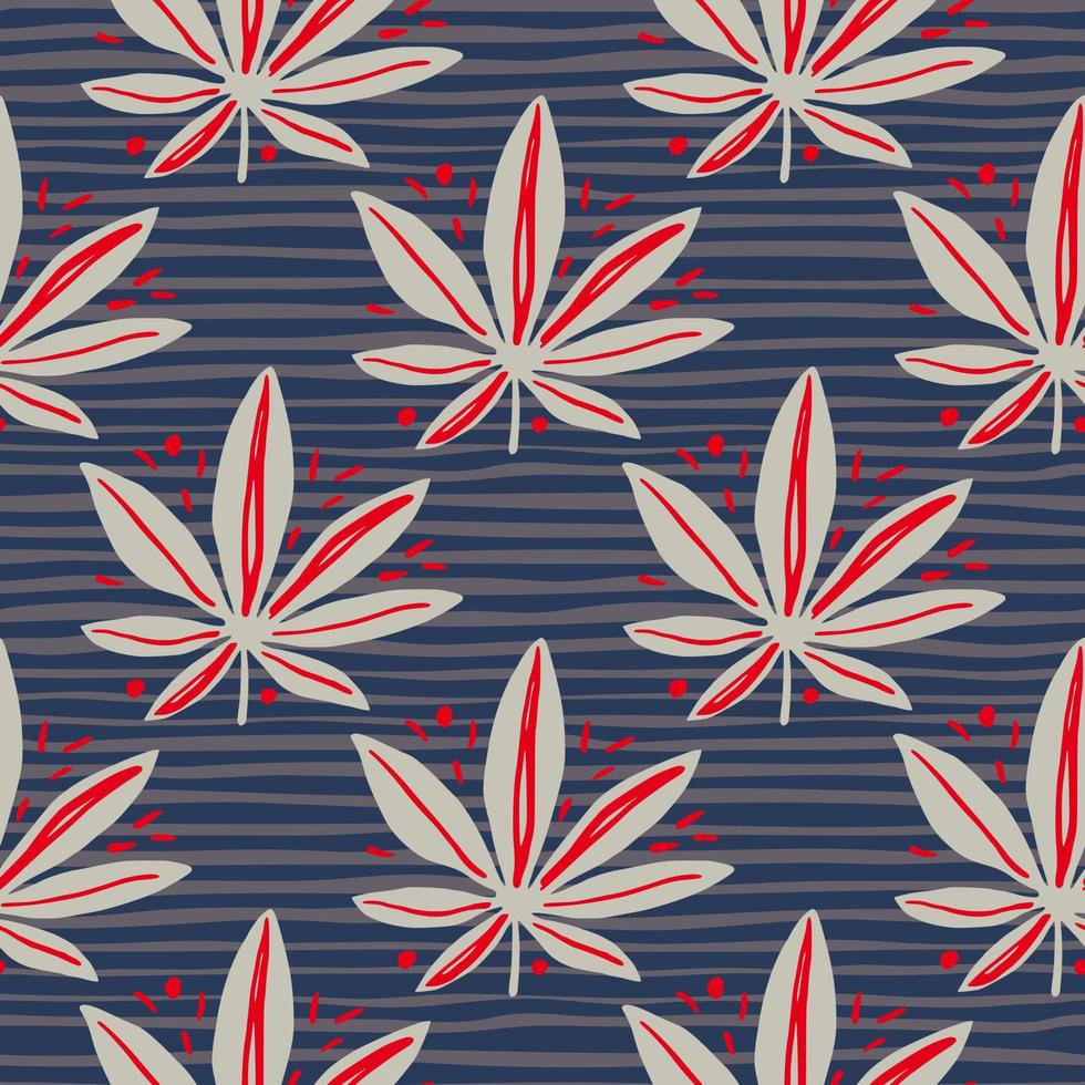 Seamless simple pattern with grey marijuana ornament and red details. Navy blue background with strips. vector