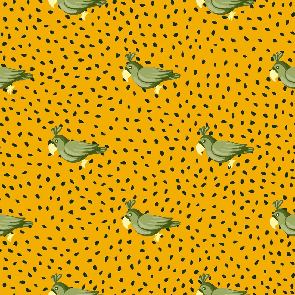 Green parrots bird silhouettes seamless pattern. Orange background with dots. Abstract zoo backdrop. vector