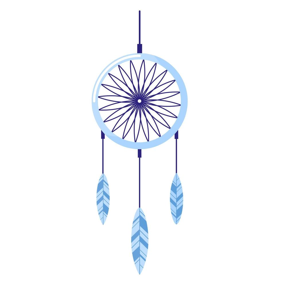 atrapasueños de color azul suave con plumas sobre fondo blanco. elementos creativos a la hora de acostarse para el estilo de vida en estilo plano. vector