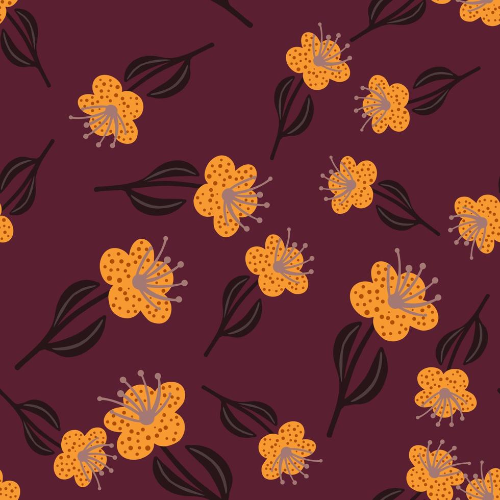 Random seamless pattern with orange creative flower ornament. Purple vine background. Doodle style. vector