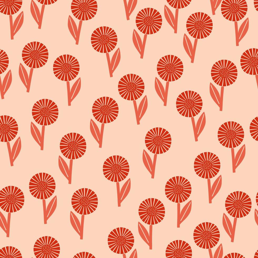 Red random geometric doodle flowers seamless pattern. Light pink pastel background. Botanic backdrop. vector