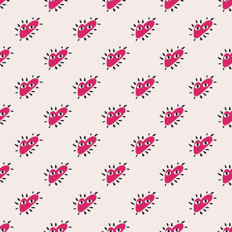 Pink heart character seamless abstract love pattern. Romantic backdrop with pastel grey background. vector